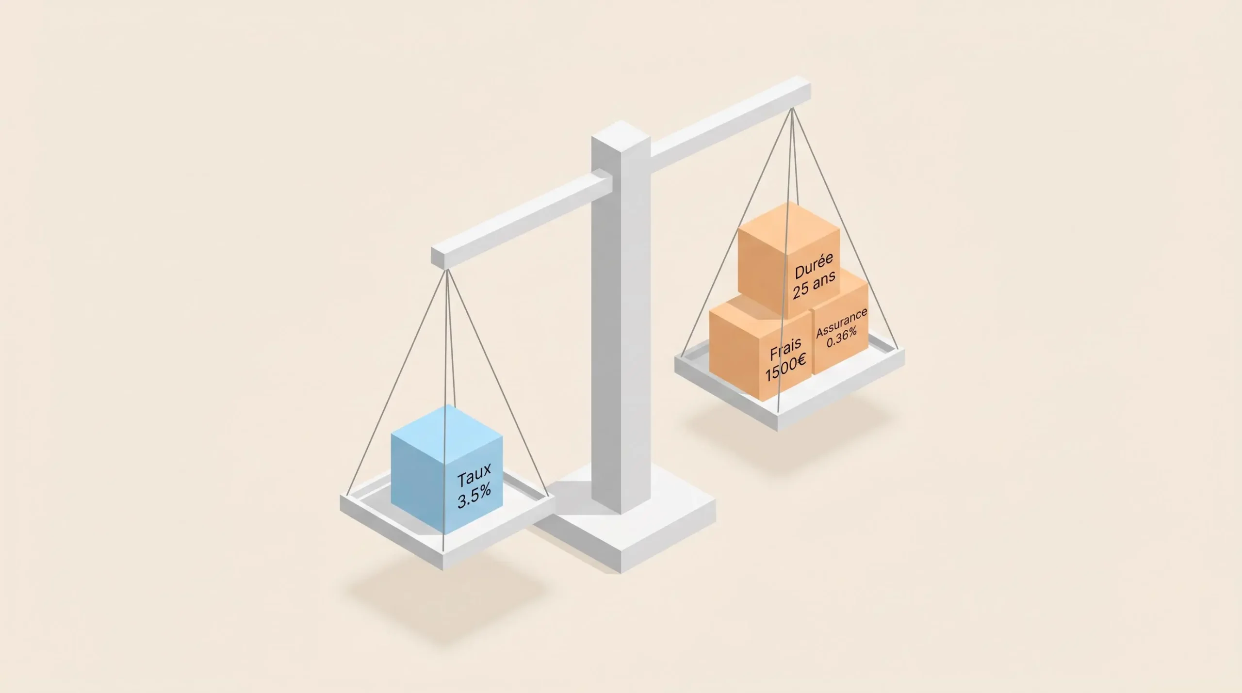 Illustration 3D d'une balance avec d'un côté le taux d'intérêt et de l'autre la durée, les frais et l'assurance
