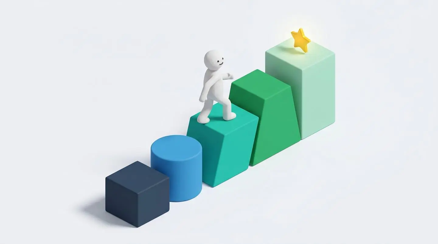 Illustration 3D montrant un escalier de 5 marches colorées en dégradé de bleu à vert, avec un personnage grimpant vers une étoile au sommet, symbolisant les étapes de résiliation.
