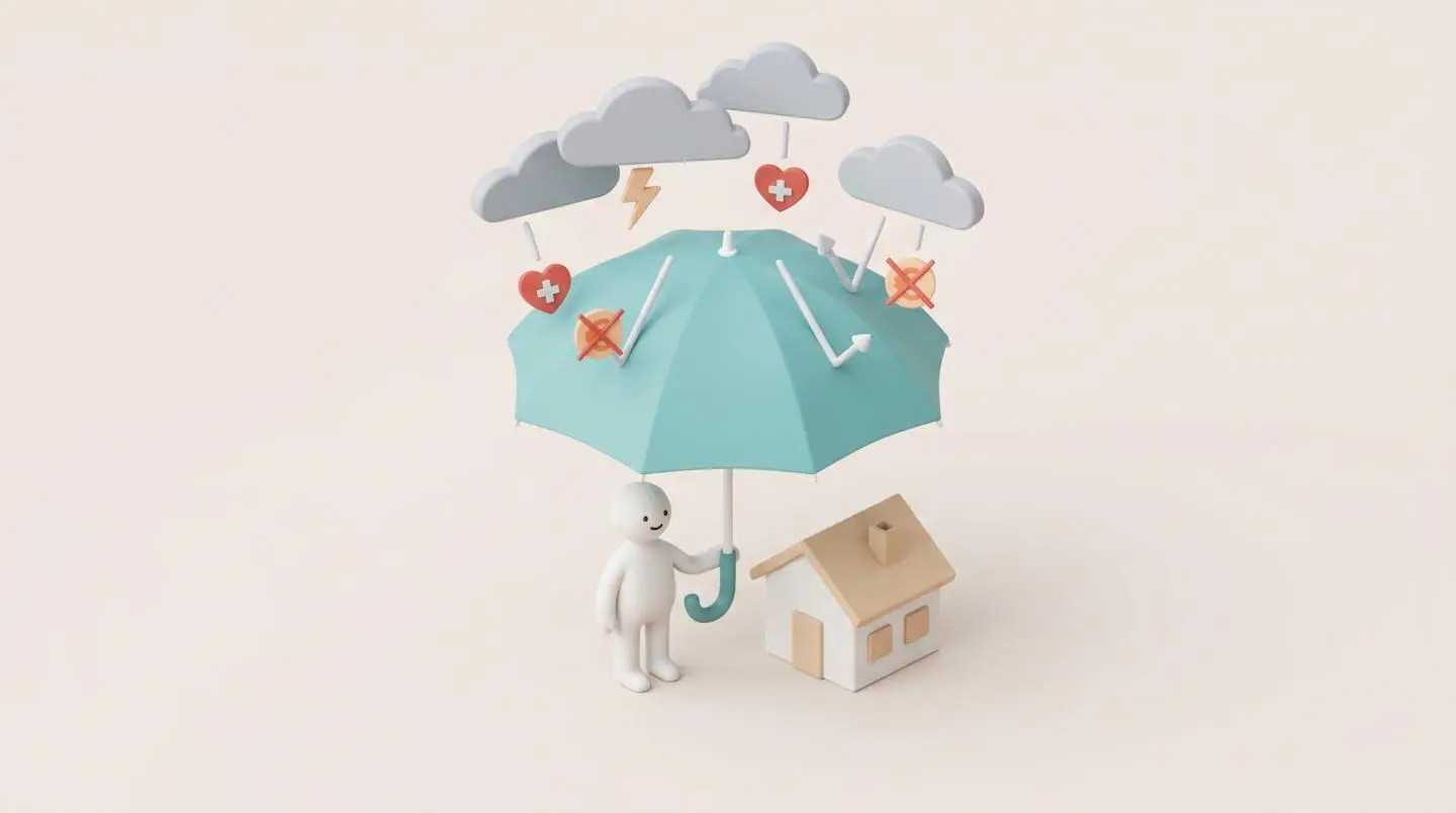 Illustration 3D isométrique montrant un parapluie protégeant un personnage et une maison contre des symboles de risques (accident, maladie, chômage) tombant de nuages.
