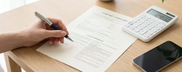 Main tenant un stylo au-dessus d'un document de contrat d'assurance, avec une calculatrice sur un bureau épuré en bois clair, symbolisant la maîtrise des démarches administratives.