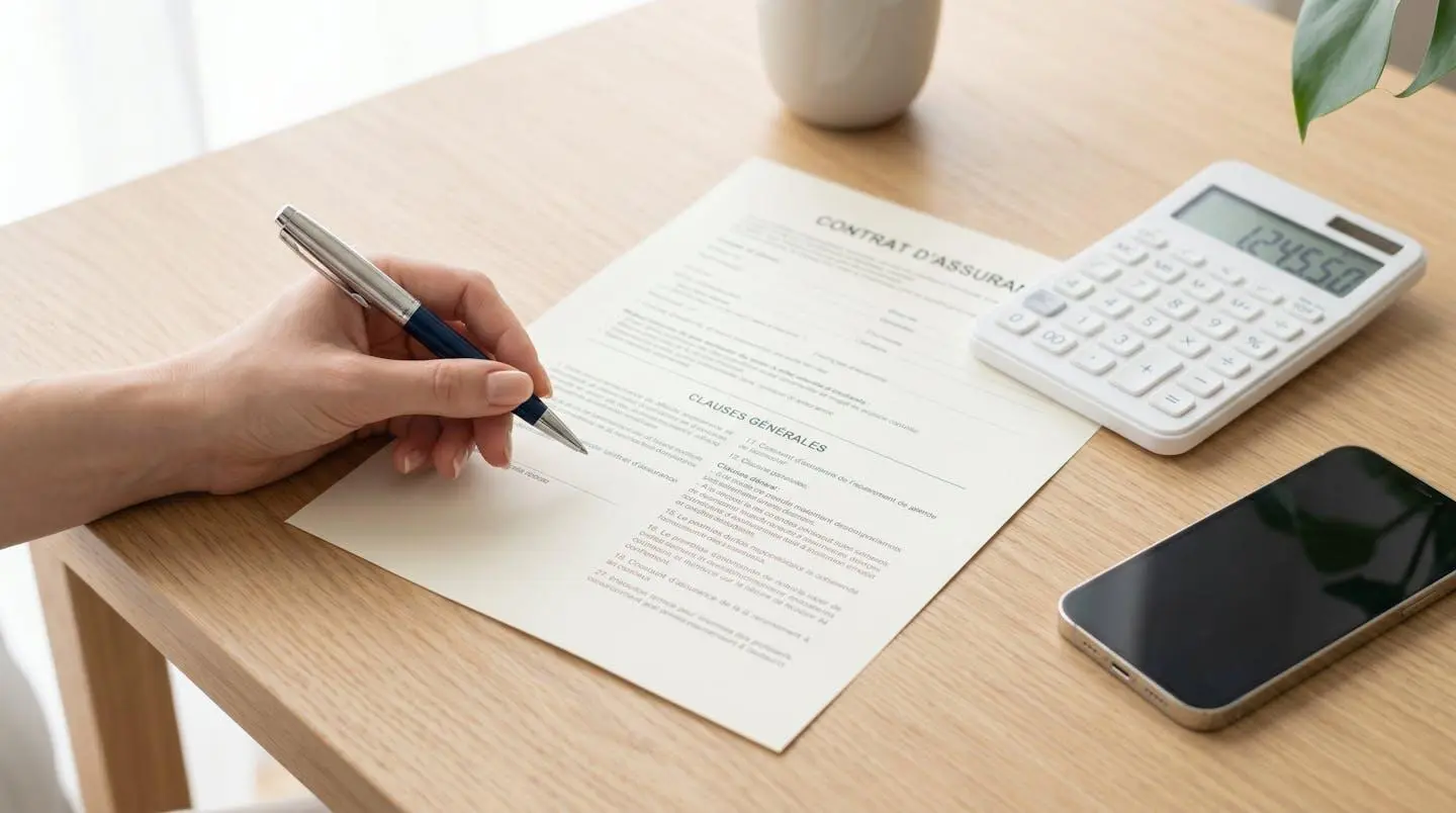 Main tenant un stylo au-dessus d'un document de contrat d'assurance, avec une calculatrice sur un bureau épuré en bois clair, symbolisant la maîtrise des démarches administratives.