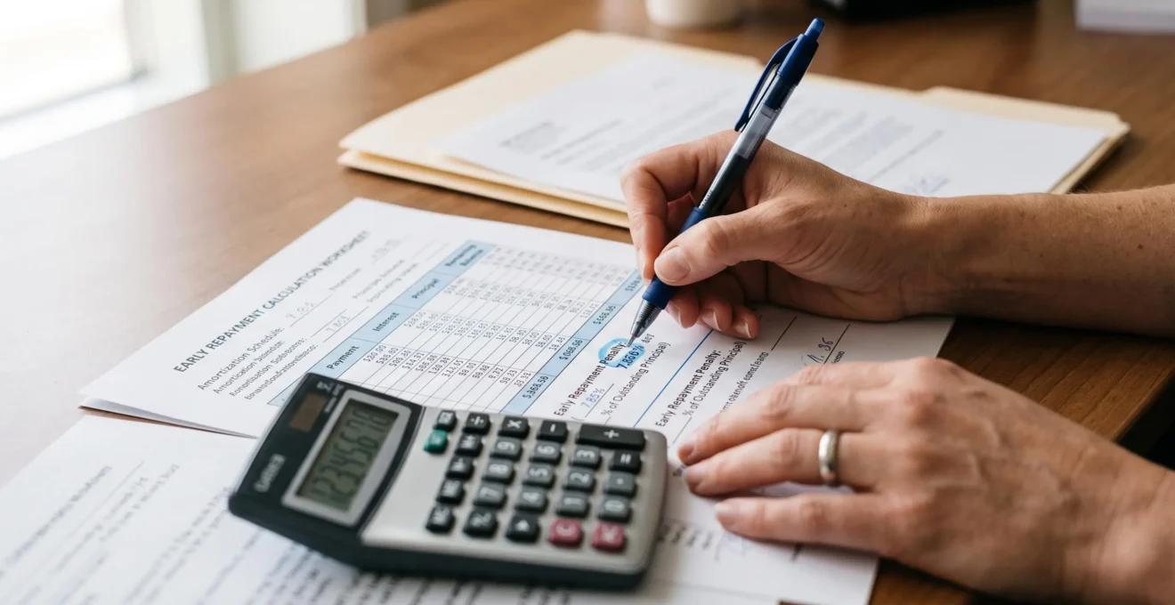 Gros plan sur des mains effectuant des calculs d'indemnités de remboursement anticipé avec une calculatrice et des documents financiers
