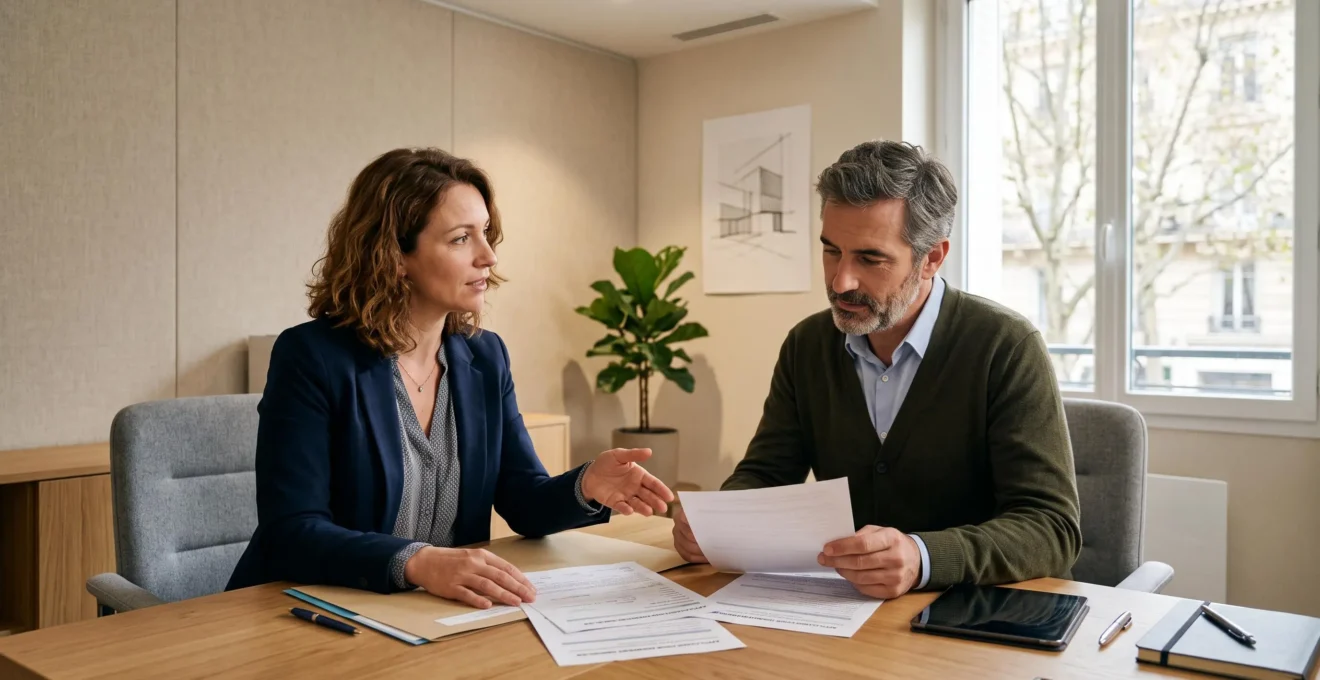 Un conseiller financier rencontre un client pour discuter d'un dossier de rachat de crédit immobilier dans un espace de conseil bancaire neutre et professionnel.