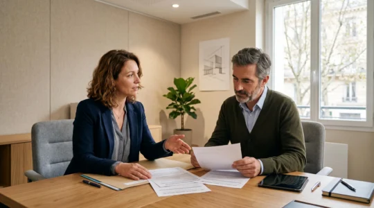 Un conseiller financier rencontre un client pour discuter d'un dossier de rachat de crédit immobilier dans un espace de conseil bancaire neutre et professionnel.