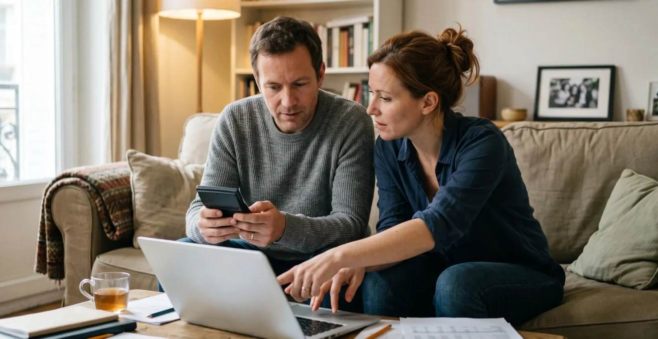 Un couple analyse ensemble des calculs financiers et compare des options de rachat de crédit sur un ordinateur portable à domicile.