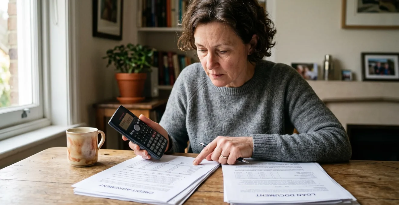 Une personne examine attentivement des documents de contrat de crédit et utilise une calculatrice sur un bureau à domicile