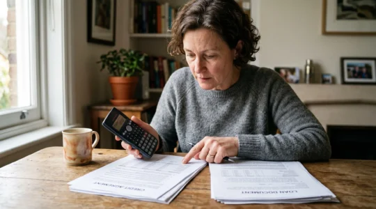 Une personne examine attentivement des documents de contrat de crédit et utilise une calculatrice sur un bureau à domicile