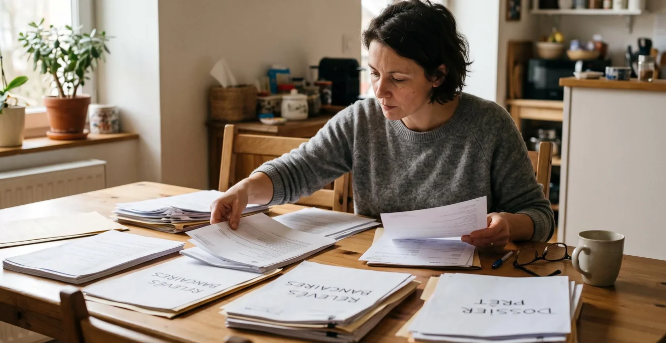 Une personne organise et vérifie attentivement des documents financiers et justificatifs sur une table à domicile pour constituer un dossier de rachat de crédit.