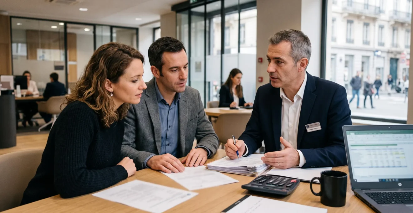 Couple préparant un dossier de prêt immobilier avec un conseiller bancaire