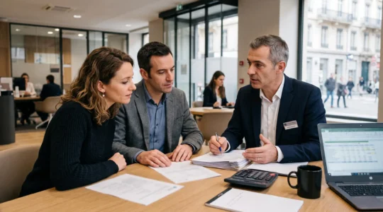 Couple préparant un dossier de prêt immobilier avec un conseiller bancaire